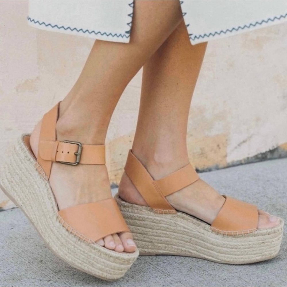 Soludos Tan Leather Espadrille Wedge Sandals